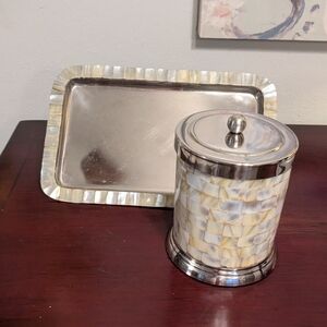 Pier One 2 Pc Mother Of Pearl Chrome Shiny Bath Accessories Lidded Canister Tray